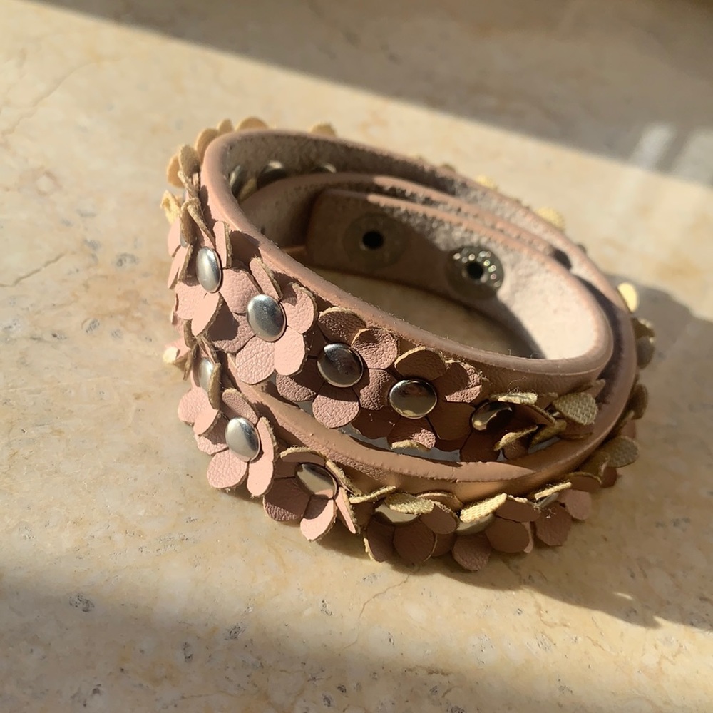 Vintage Pink Leather Floral Wrap Bracelet